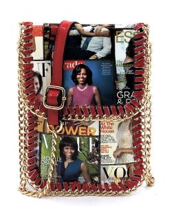Magazine Cover Collage Chain Trimmed Large Cell Phone Case OA077L RED MULTI
